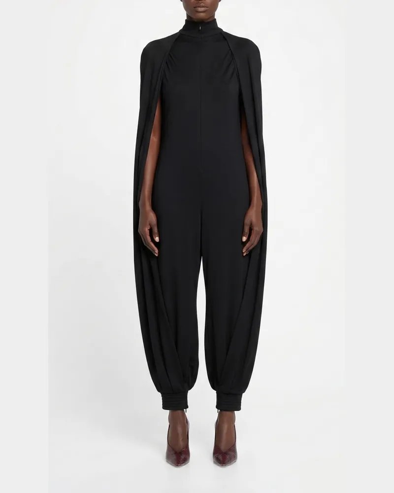 Alaïa Jumpsuit aus reiner Wolle mit hohem Kragen und gerafften Schultern Schwarz