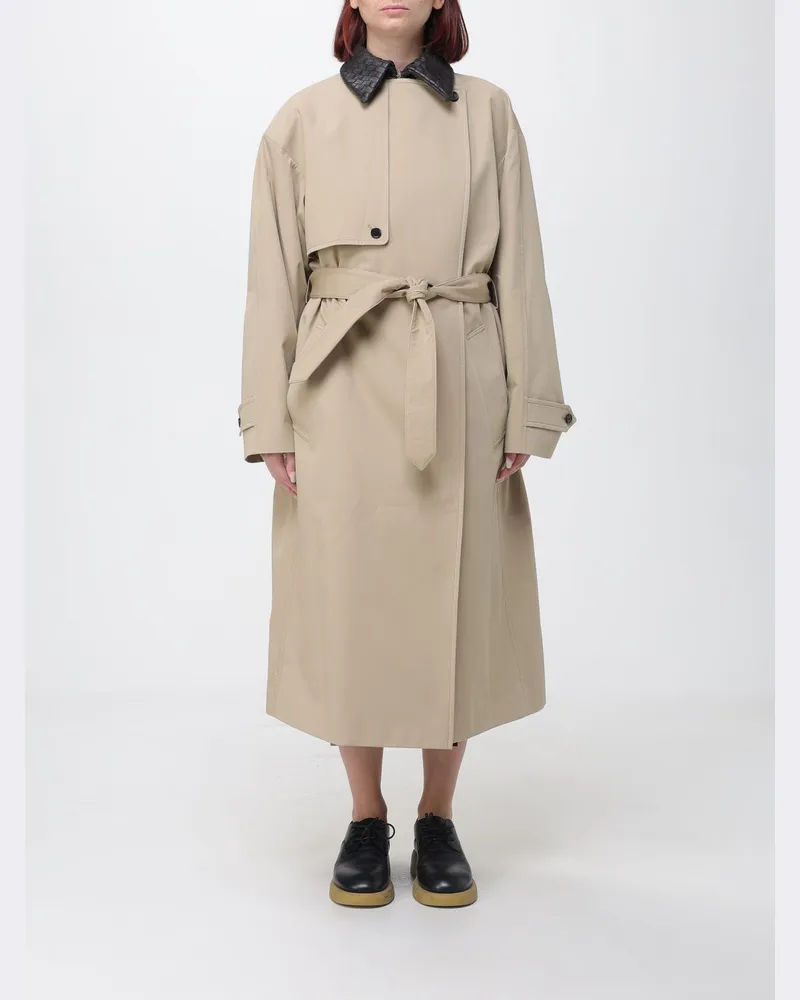 Bottega Veneta Langer Oversize-Trenchcoat aus Baumwolle mit Lederkragen Beige