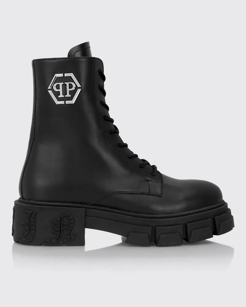 Philipp Plein Monogramm-Kalbsleder-Combat-Boots mit Hexagon-Logo Schwarz