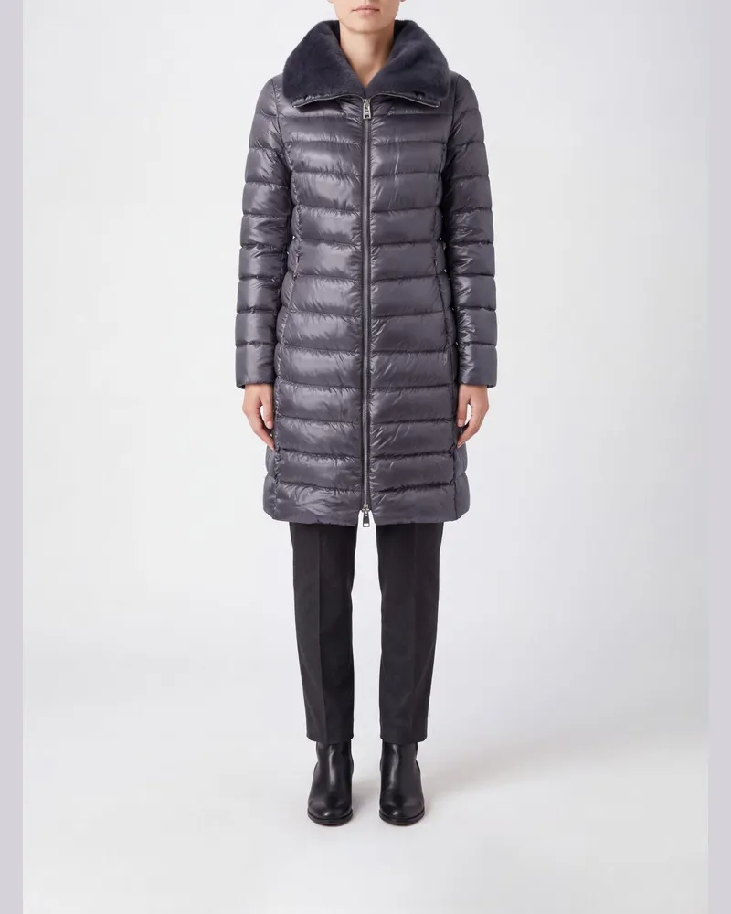Herno Knielange Daunenjacke aus wasserabweisendem Ultraleicht-Nylon mit Pelzkragen Grau