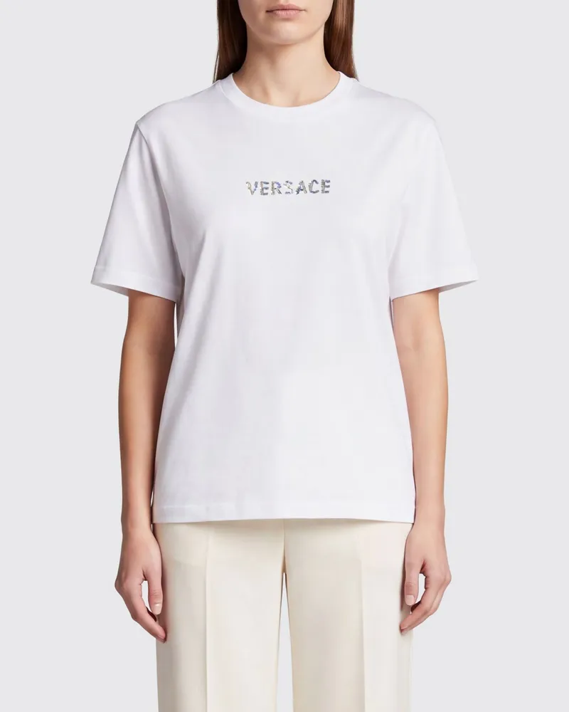 Versace T-Shirt aus Baumwolle mit Strass-Schriftzug-Logo und Rundhalsausschnitt Weiß
