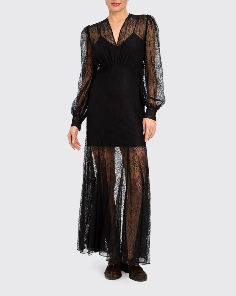 Twin-Set Langes Spitzen-Zeremonienkleid mit Ballonärmeln Schwarz