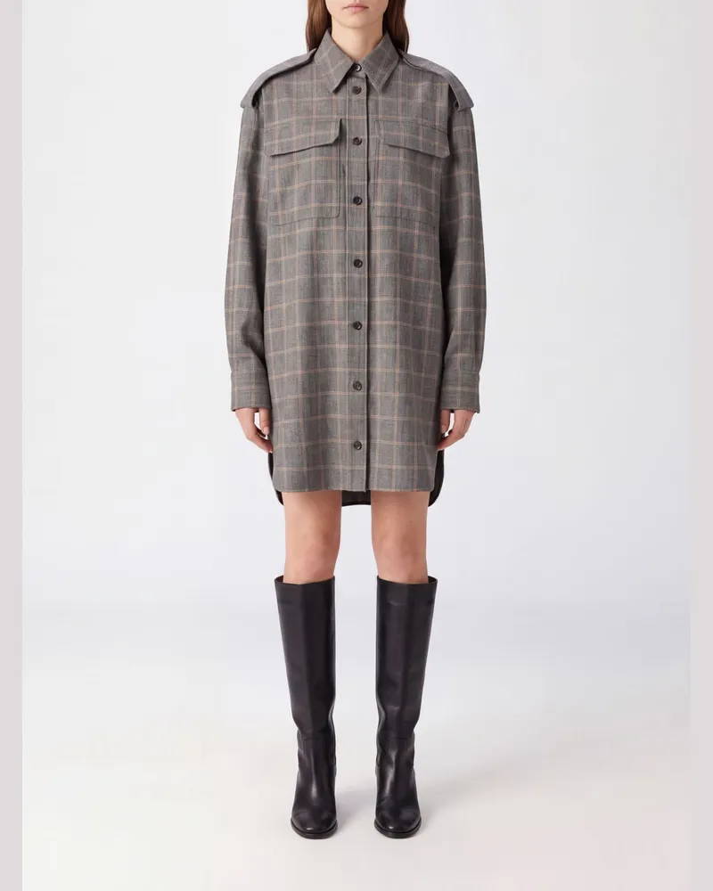 Stella McCartney Kariertes Woll-Minikleid von im Hemdblusenstil mit überschnittenen Schultern und aufgesetzten Taschen Grau