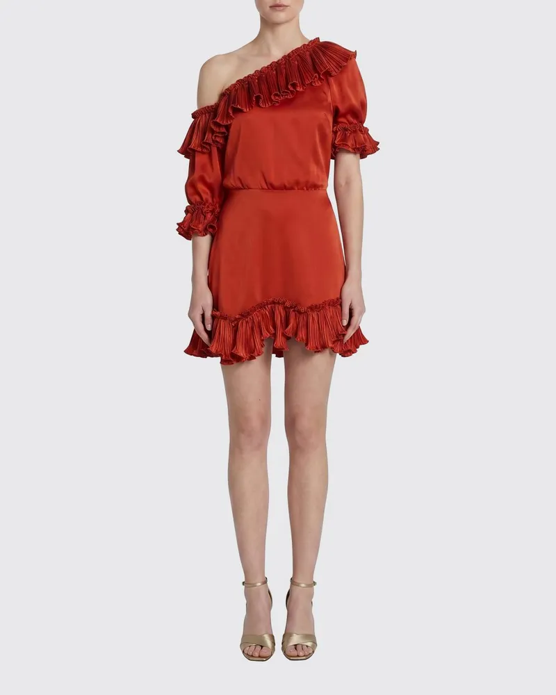Saint Laurent Ein-Schulter-Kleid aus Seide mit Rüschen Rot