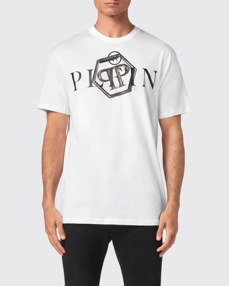Philipp Plein Einfarbiges Baumwoll-T-Shirt mit Rundhals und Logo Weiß