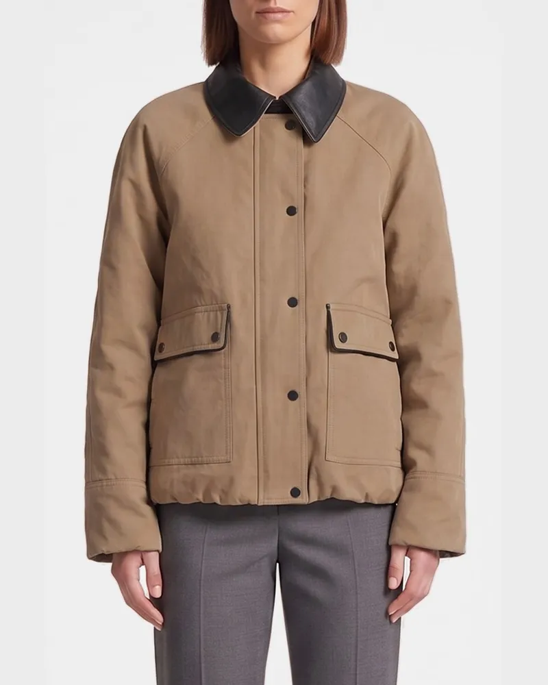 Brunello Cucinelli Leichte Baumwolljacke mit Lederkragen und aufgesetzten Taschen Beige