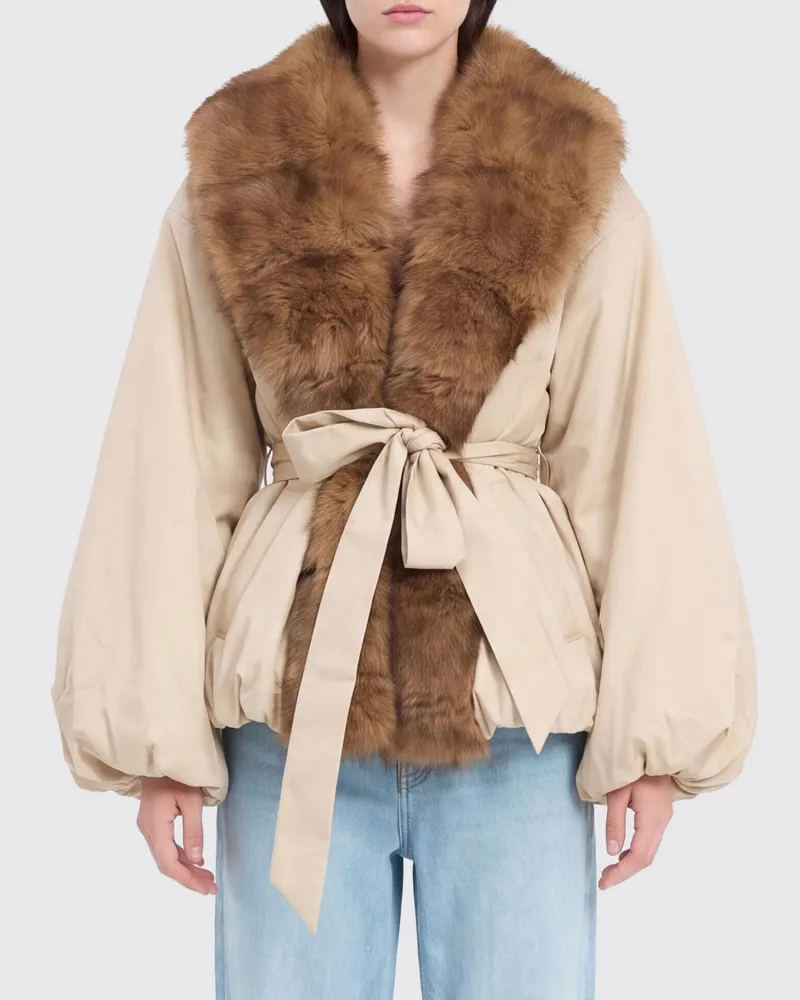 ROTATE Birger Christensen Kurzer Webpelzmantel mit Schalkragen und Gürtel Beige
