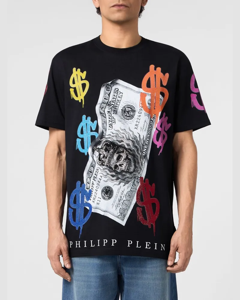 Philipp Plein Rundhals-T-Shirt aus Baumwolle mit frontalem Grafikdruck Schwarz