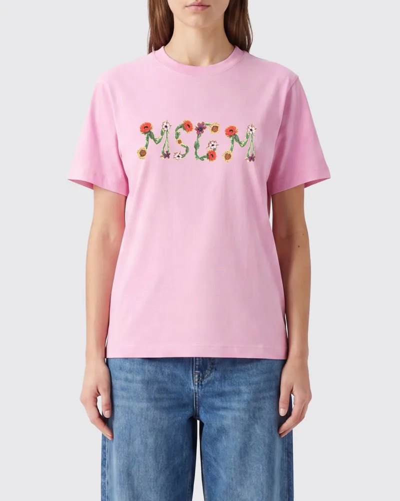 MSGM Baumwoll-T-Shirt mit Rundhalsausschnitt und kontrastierendem Logo-Print Pink