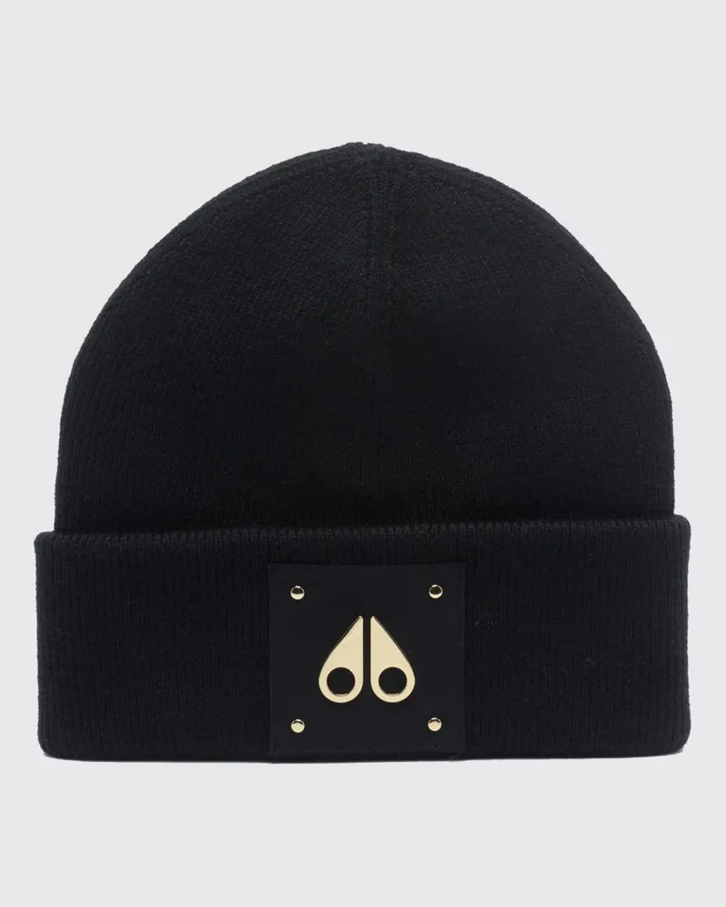 Moose Knuckles Beanie aus reiner Wolle von mit Umschlag und Logo-Patch Schwarz