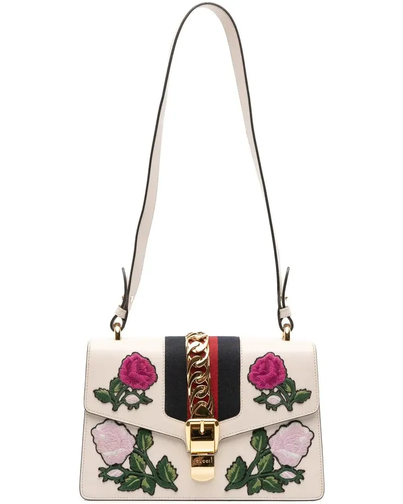Gucci Hobo Bags Small Floral Embroidered Leather Sylvie Satchel weiß Weiß