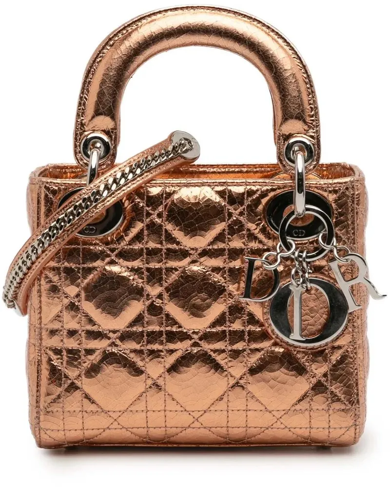 Dior Hobo Bags Mini Metallic Crinkled Calfskin Cannage Lady Dior braun Braun