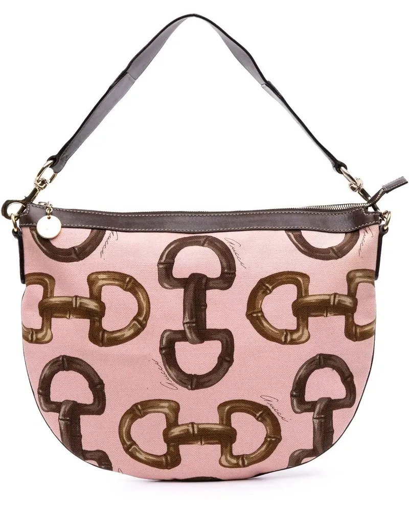 Gucci Hobo Bags Canvas Bamboo Horsebit Print Hobo rosa Gold