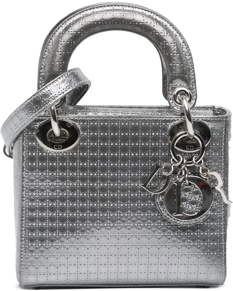 Dior Hobo Bags Mini Metallic Patent Microcannage Lady Dior silberfarben Silber