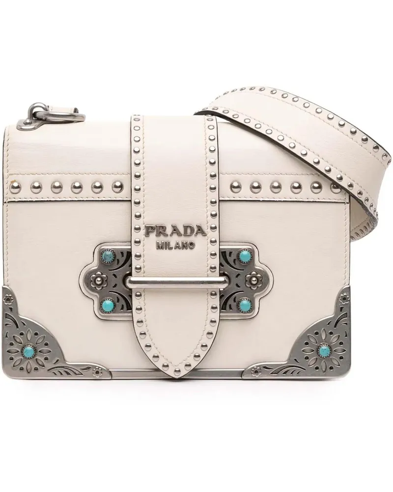 Prada Hobo Bags City Calf Studded Folk Cahier Crossbody weiß Weiß