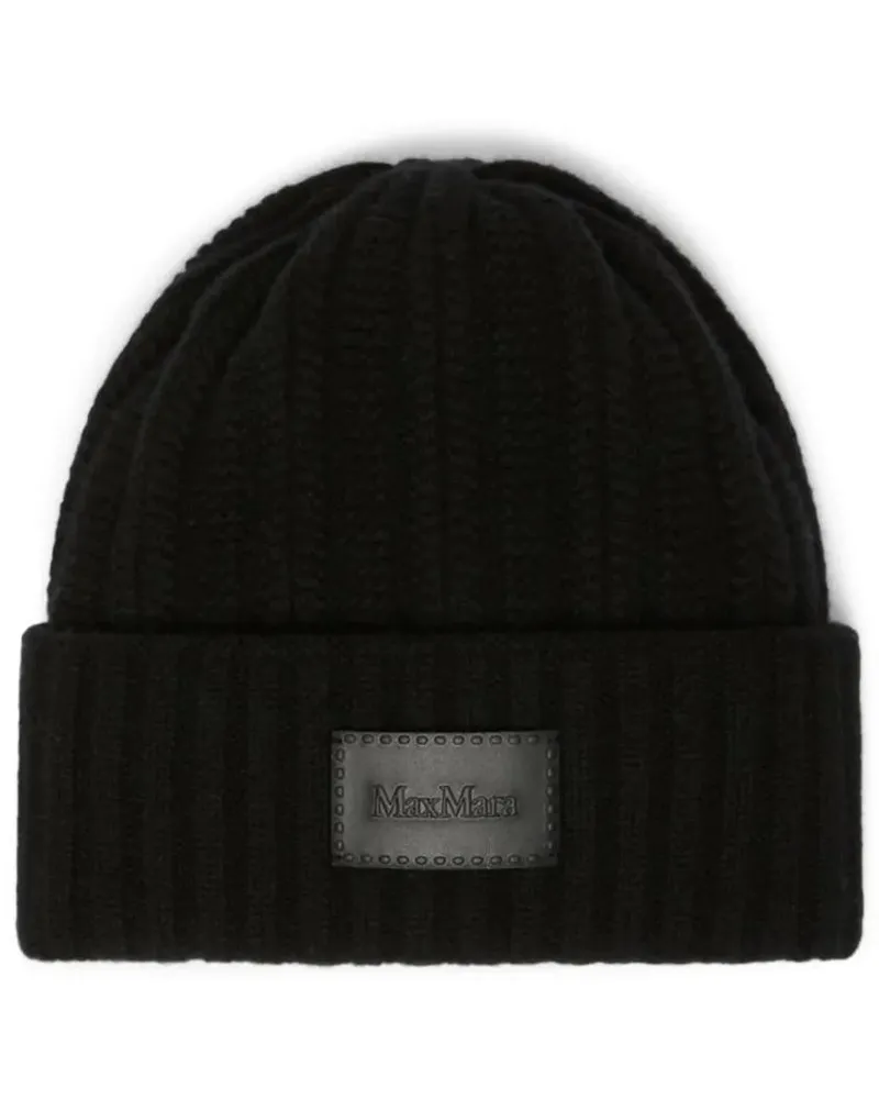 Max Mara Caps & Mützen Ribbed Knit Beanie With Leather Patch Detail schwarz Schwarz