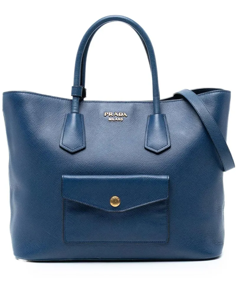 Prada Hobo Bags Saffiano Cuir Front Pocket Convertible Tote blau Blau