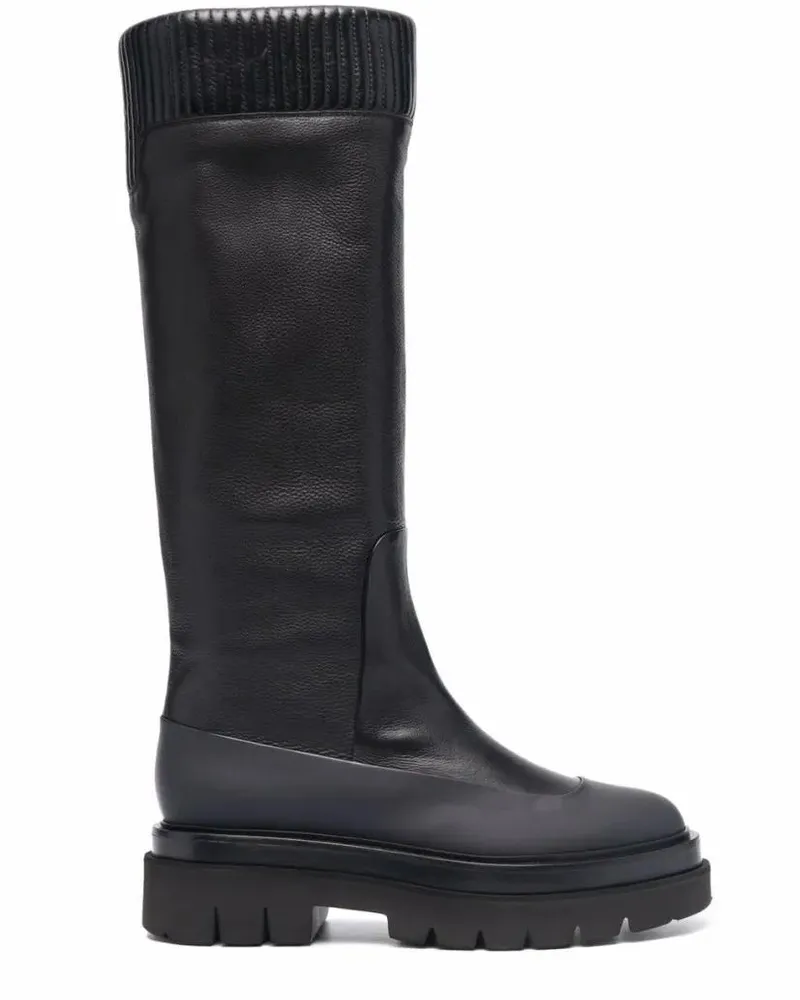 Santoni Stiefel Black Ribbed Leather Knee-High Boots schwarz Schwarz