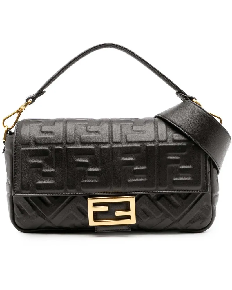 Fendi Hobo Bags Zucca Embossed Leather Baguette Satchel schwarz Schwarz