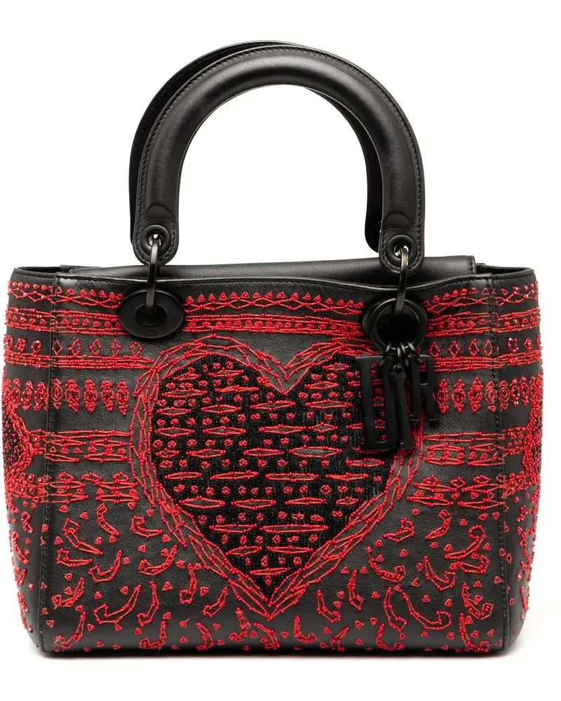 Dior Hobo Bags Medium Smooth Calfskin Embroidered Heart Playing C schwarz Schwarz
