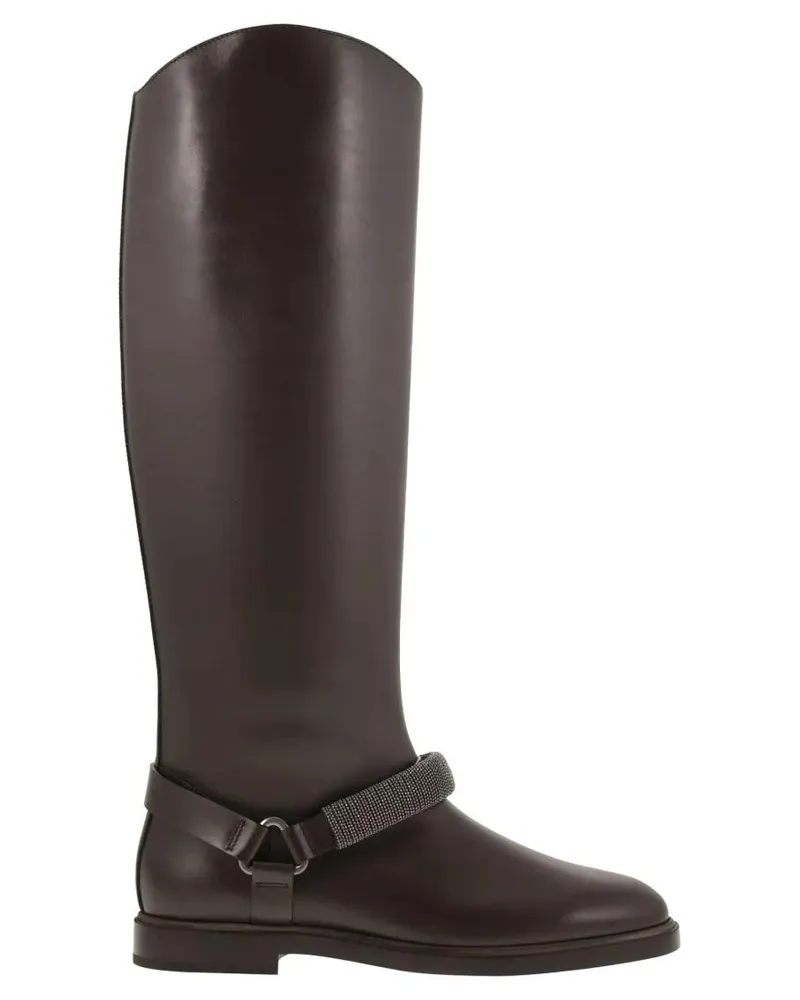 Brunello Cucinelli Stiefel Mat Calf Boots With Precious Ribbed Strap braun Braun