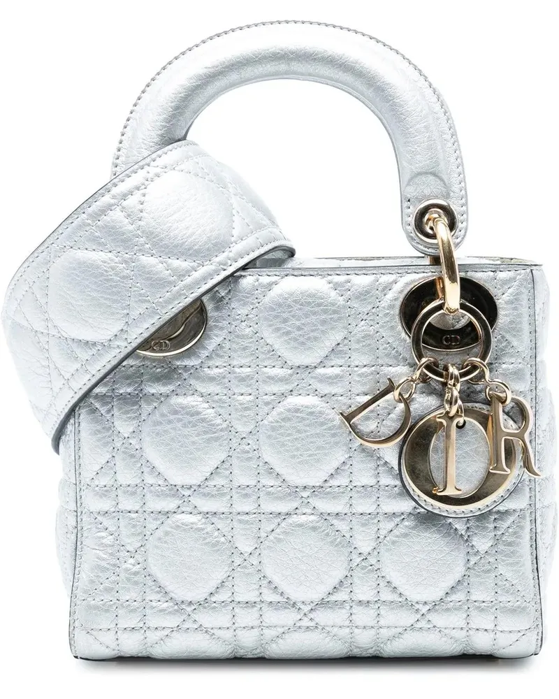Dior Hobo Bags Mini Metallic Grained Calfskin Cannage Lady Dior silberfarben Silber