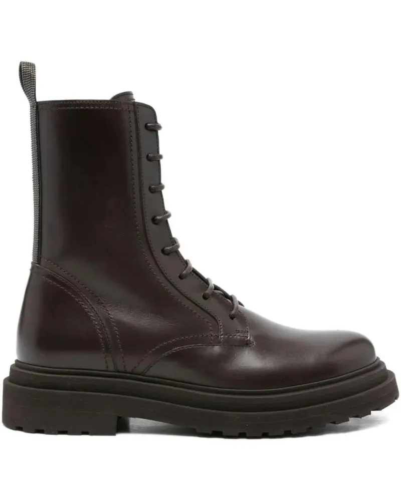 Brunello Cucinelli Stiefel Polished Leather Lace-Up Boots With Side Zipper An schwarz Schwarz