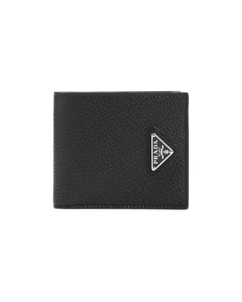 Prada Portemonnaies Compact Black Calf Leather Wallet With Logo Emblem schwarz Schwarz