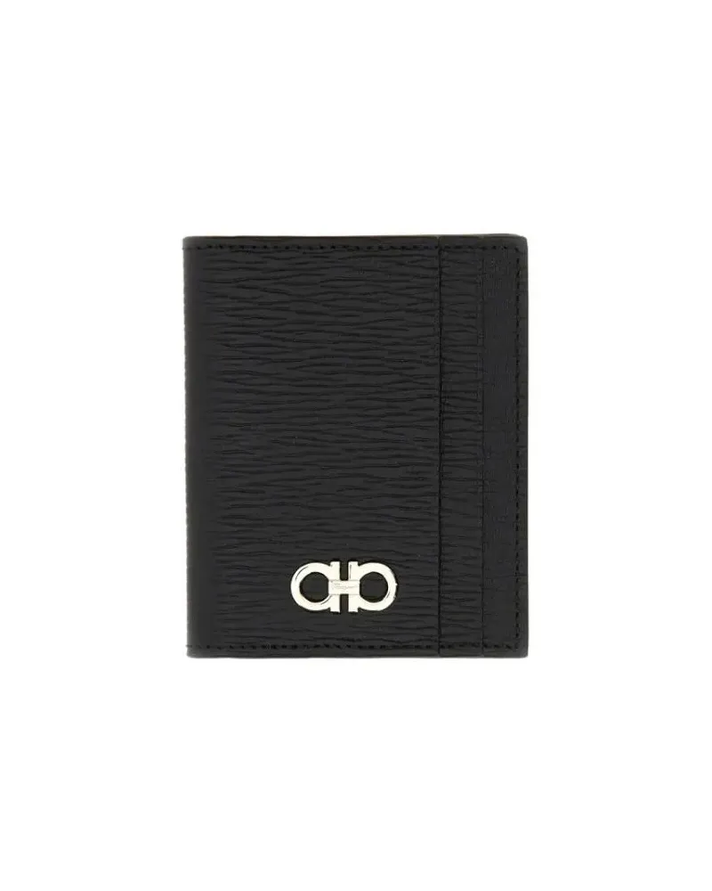 Ferragamo Portemonnaies Textured Calfskin Cardholder With Polished Logo Ac schwarz Schwarz