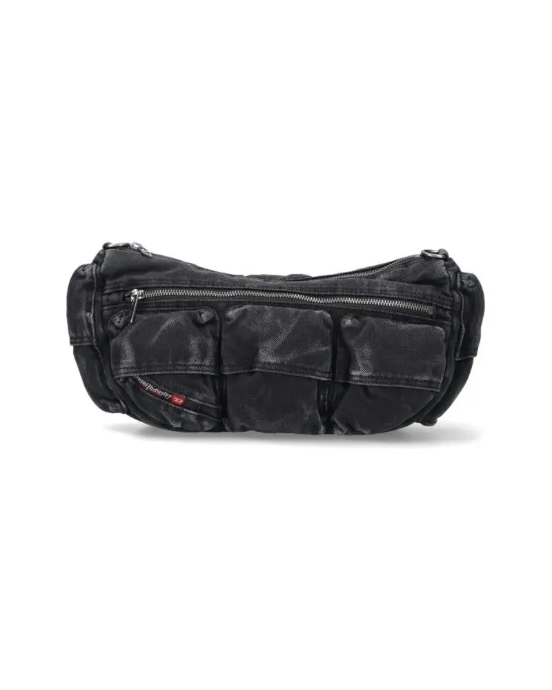 Diesel Hobo Bags Black Cotton Shoulder Bag With Multi-Pocket Design schwarz Schwarz