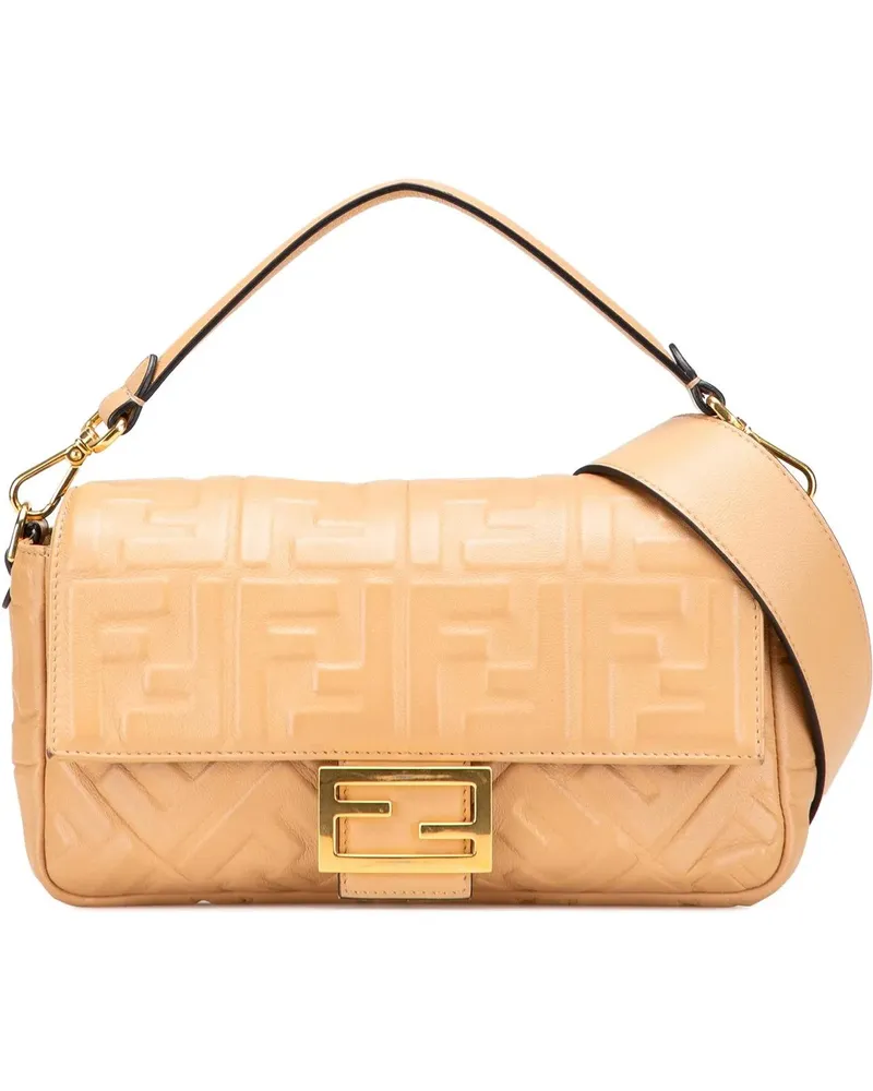 Fendi Hobo Bags Zucca Embossed Leather Baguette Satchel braun Braun