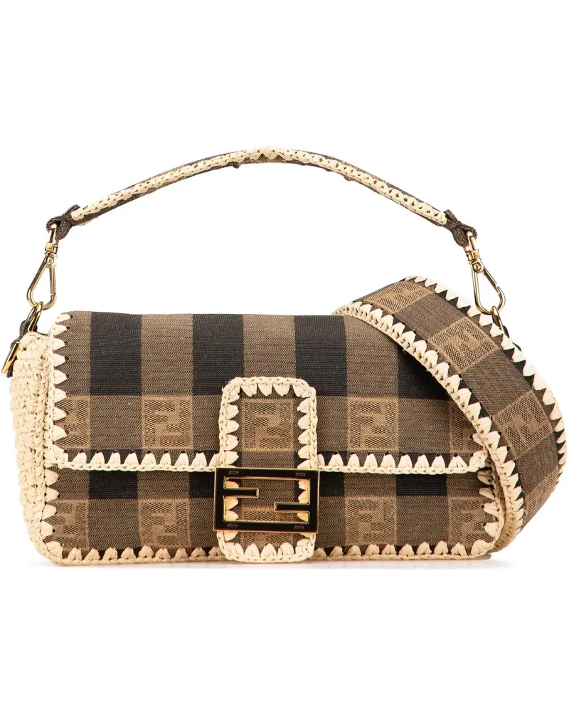 Fendi Hobo Bags Pequin Gingham Canvas And Raffia Baguette Satchel braun Braun