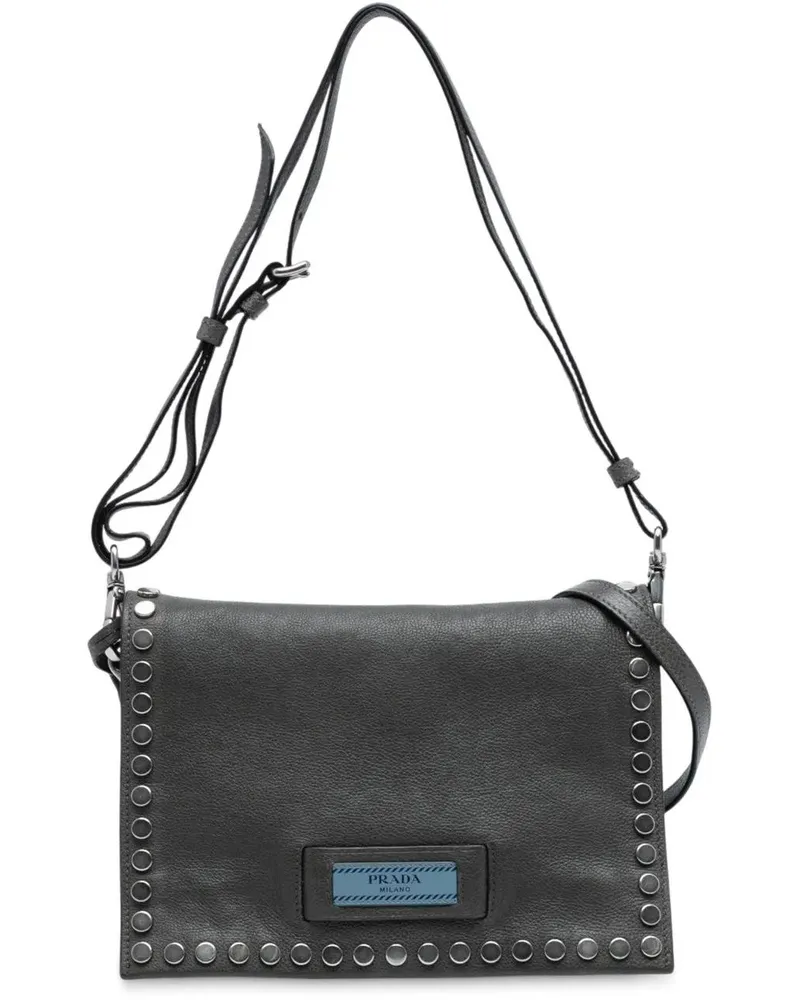Prada Hobo Bags Glace Calfskin Studded Etiquette Flap grau Grau