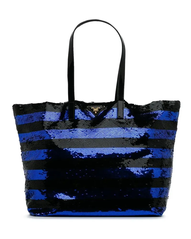 Prada Shopper Sequined Satin Stripes Tote blau Blau