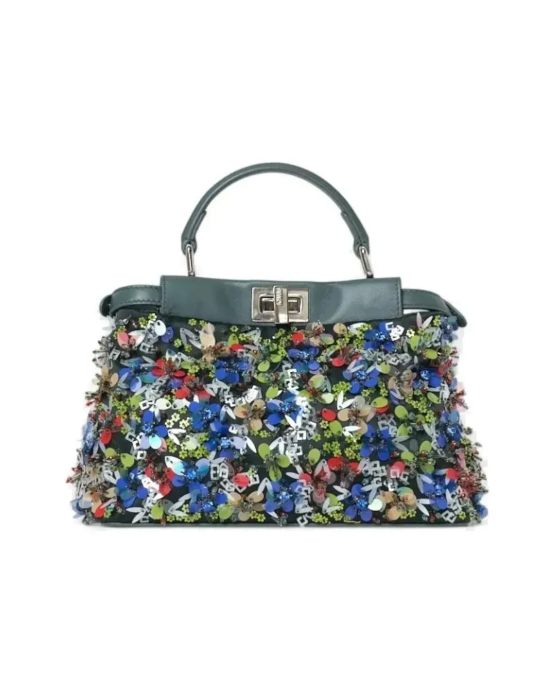 Fendi Hobo Bags Peekaboo Mini Rhinestone Embroidery Green grün Grün