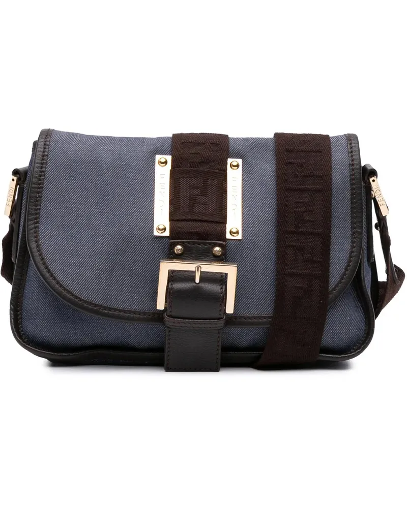 Fendi Hobo Bags Zucca Trimmed Denim Buckle Flap Bag blau Blau