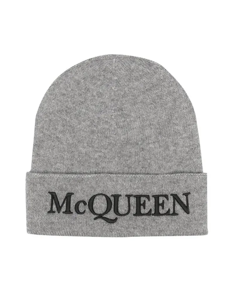 Alexander McQueen Caps & Mützen Logo Embroidered Cashmere Beanie grau Grau