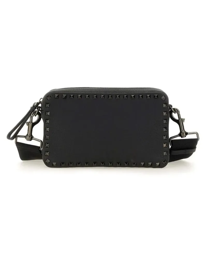 Valentino Garavani Hobo Bags Textured Leather Shoulder Bag With Pyramid Studs schwarz Schwarz