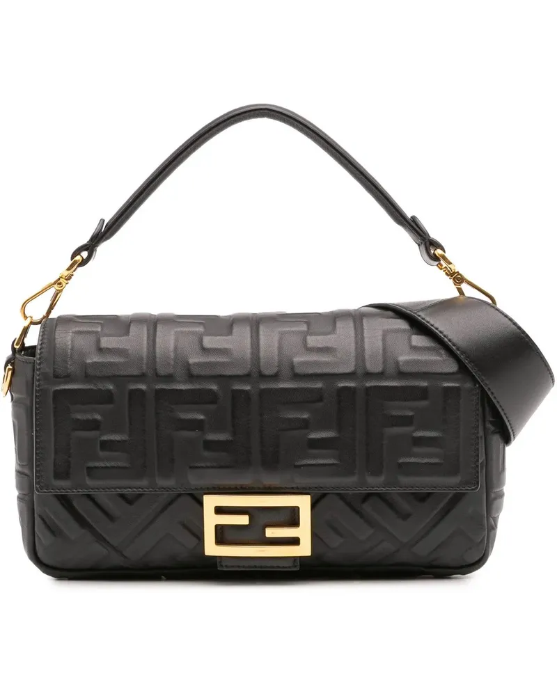 Fendi Hobo Bags Zucca Embossed Leather Baguette Satchel schwarz Schwarz