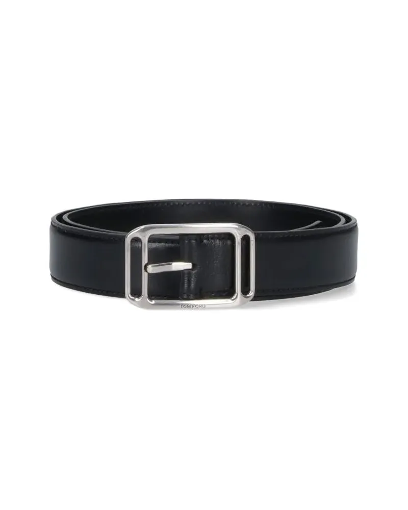 Tom Ford Gürtel Polished Silver Buckled Black Leather Belt schwarz Schwarz