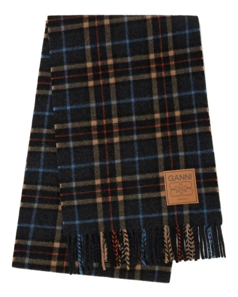 Ganni Tücher & Schals Plaid Wool Scarf With Fringed Edges schwarz Schwarz