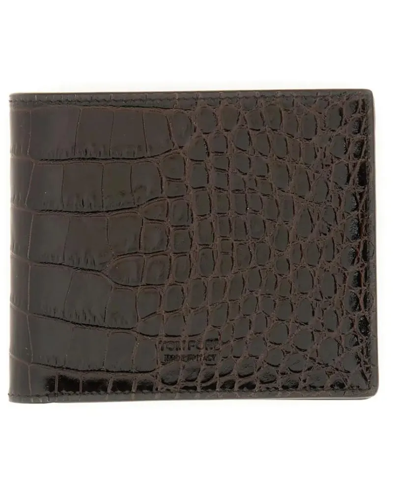 Tom Ford Portemonnaies Textured Leather Wallet With Crocodile Pattern schwarz Schwarz