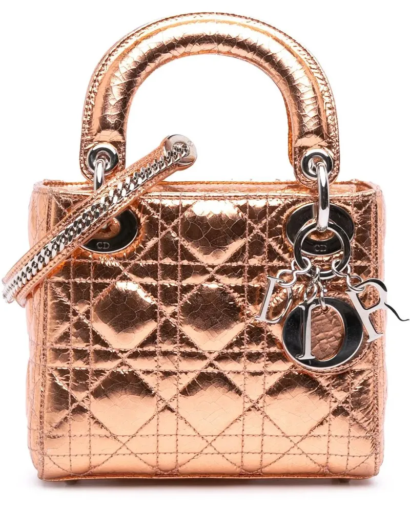 Dior Hobo Bags Mini Metallic Crinkled Calfskin Cannage Lady Dior braun Braun