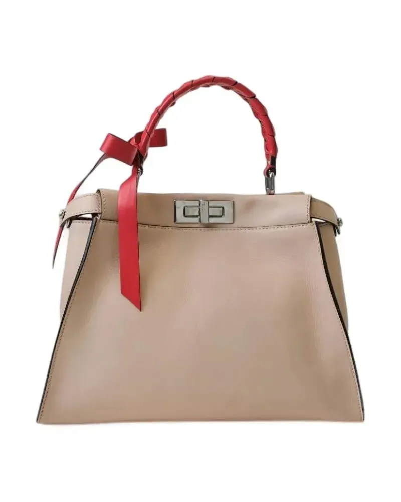 Fendi Hobo Bags Peekaboo Medium Bicolor Pink Bow beige Beige