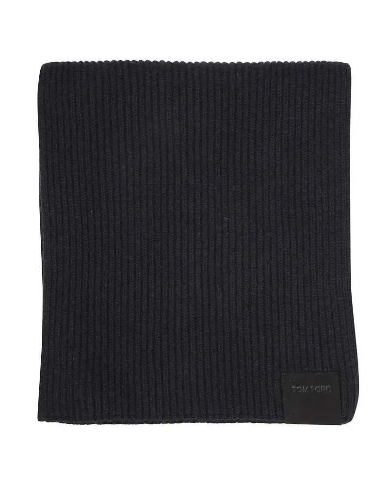 Tom Ford Tücher & Schals Ribbed Scarf With Leather Logo Tag blau Blau