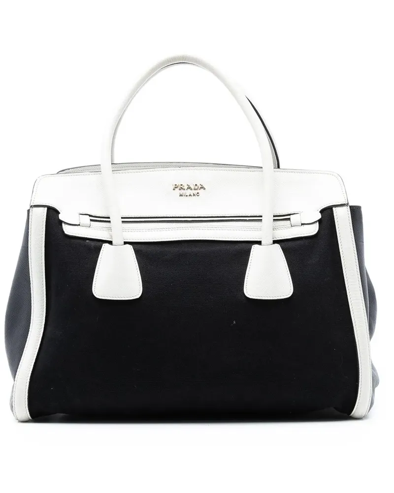 Prada Hobo Bags Saffiano Trimmed Canvas Satchel schwarz Schwarz