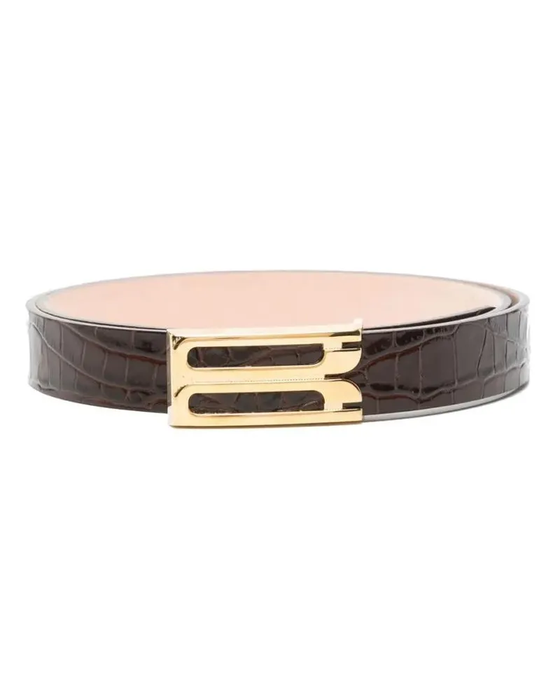 Victoria Beckham Gürtel Crocodile-Embossed Brown Leather Belt With Gold-To beige Beige