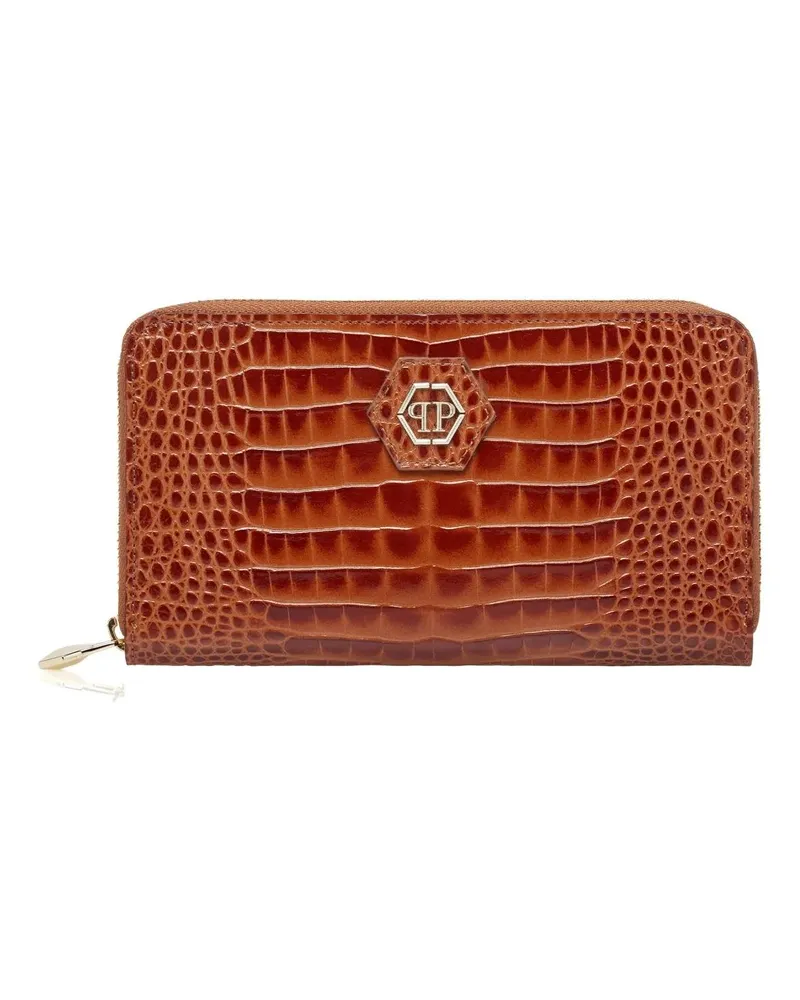 Philipp Plein Portemonnaie Mid-Zip Brieftasche Cocco Crocco Geprägt braun Braun