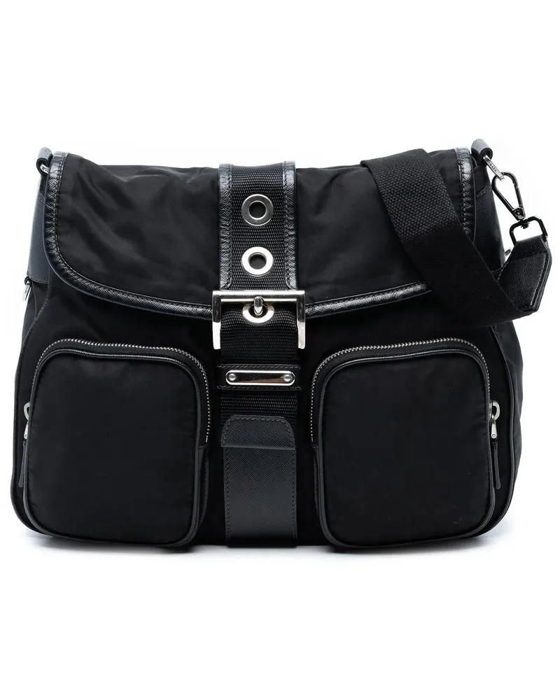 Prada Hobo Bags Saffiano Trimmed Tessuto Buckle Messenger Bag schwarz Schwarz
