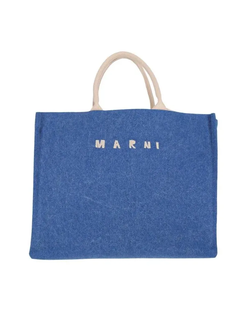 Marni Shopper & Totes Rectangular Denim Tote Bag With Design blau Blau